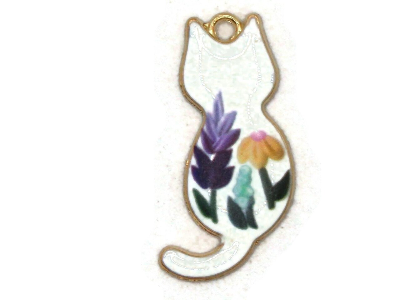 30mm White Cat with Multicolor Flower Enamel and Gold Metal Pendant